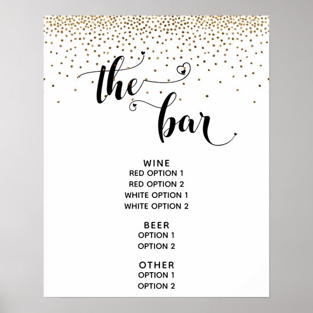Póster Heart Script & Gold Confetti "The Bar" Menú Rótulo (Frente)
