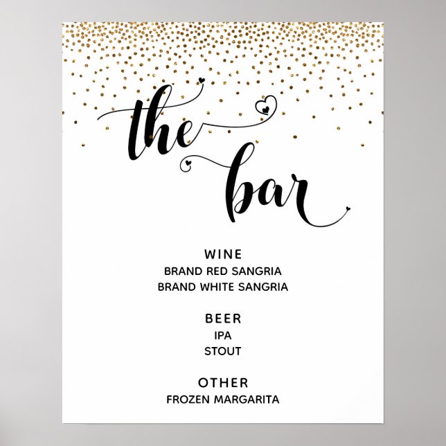 Póster Heart Script & Gold Confetti "The Bar" Menú Rótulo (Frente)