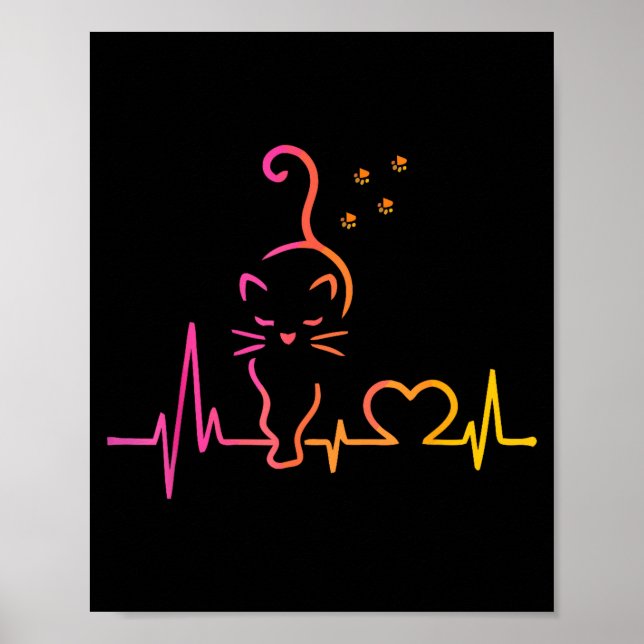 Póster Heartbeat Cat Lover Animal Silhouette Cute Cat  (Frente)