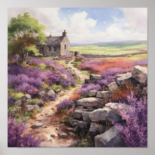 Póster Heather Moorland And Stone House Landscape
