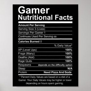 Póster Hechos Nutricionales Juego de Video Guay Gamer Fun