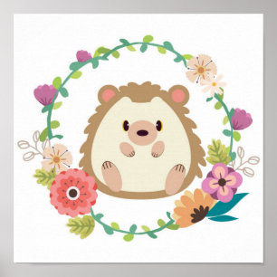 Póster Hedgehog Adorable - Borde Floral