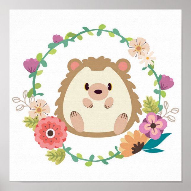 Póster Hedgehog Adorable - Borde Floral (Frente)