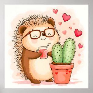 Póster Hedgehog Cactus Cheers Watercolor