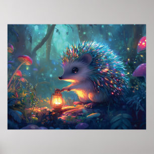 Póster Hedgehog caprichoso y linterna en un bosque encant