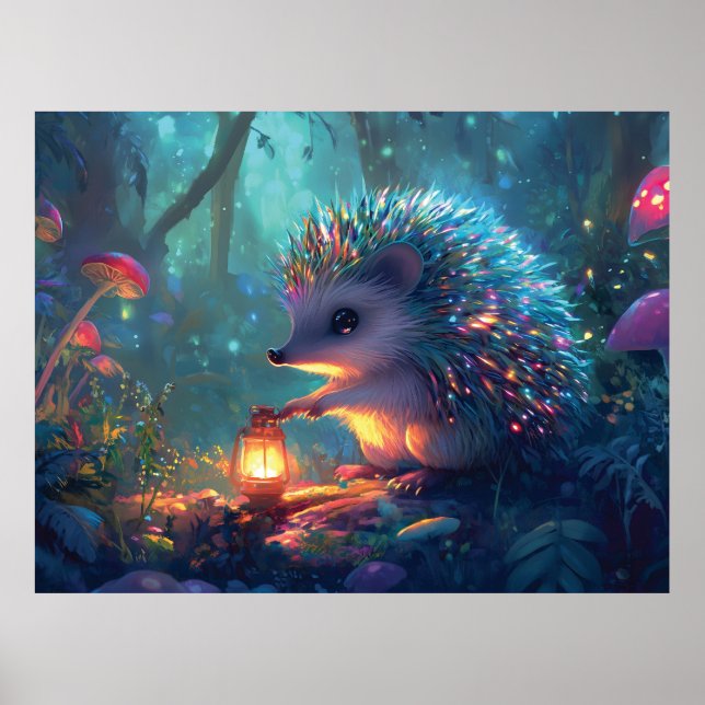 Póster Hedgehog caprichoso y linterna en un bosque encant (Frente)