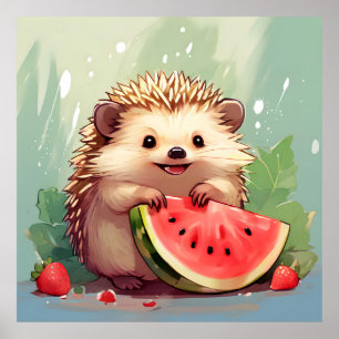 Póster Hedgehog disfrutando de una sandía