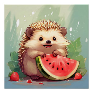 Póster Hedgehog disfrutando de una sandía