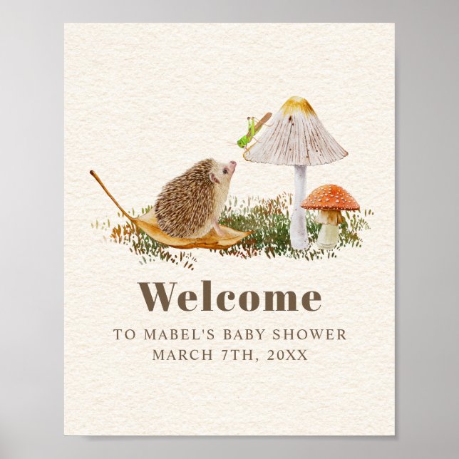 Póster Hedgehog Grasshopper Mushroom Woodland Baby Shower (Frente)