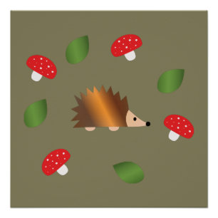 Póster Hedgehog Mushrooms y hojas