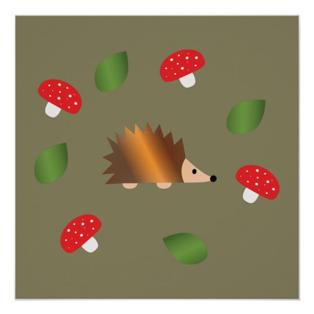 Póster Hedgehog Mushrooms y hojas (Anverso)