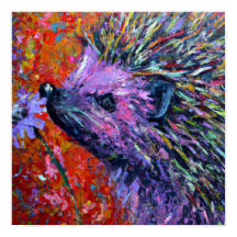 Hedgehog oliendo una flor Palette Knife estilo art