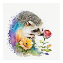 Hedgehog oliendo una rosa roja