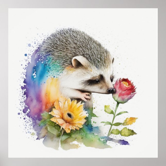 Póster Hedgehog oliendo una rosa roja (Frente)