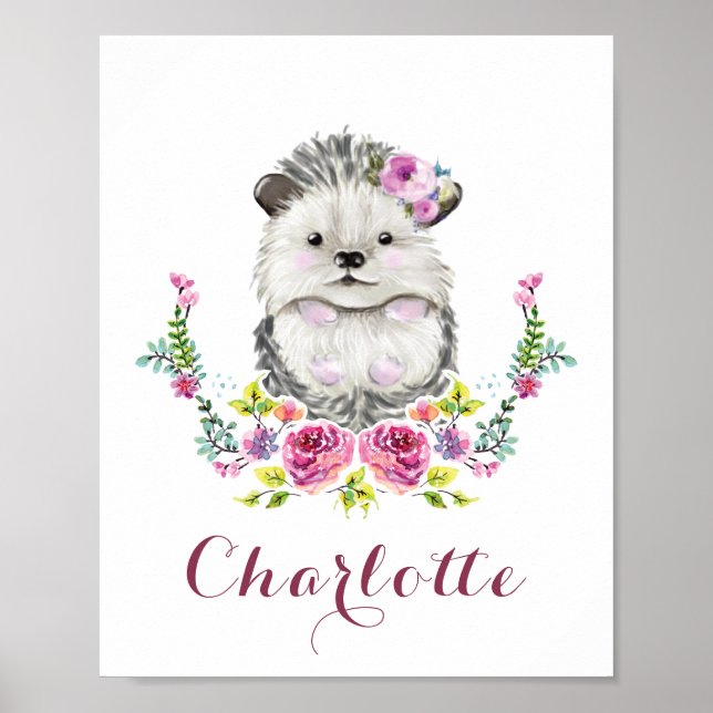 Póster Hedgehog pintado a mano Floral personalizada (Frente)