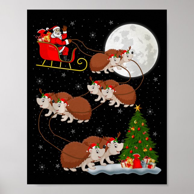 Póster Hedgehog Santa Sleigh Flying Funny Magical Christm (Frente)