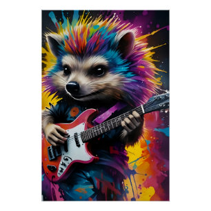 Póster Hedgehog toca la guitarra, graffiti de rock
