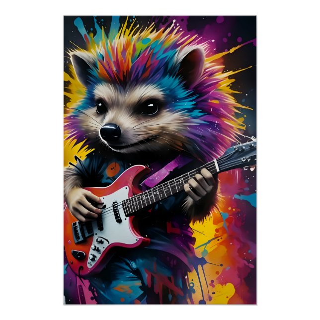 Póster Hedgehog toca la guitarra, graffiti de rock (Anverso)