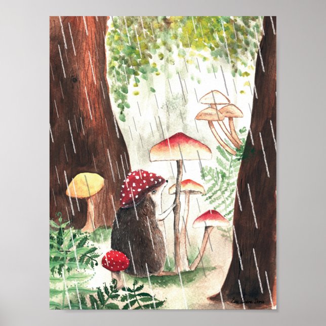 Póster Hedgehog Y Ilustracion Toadstool Lluviosos (Frente)