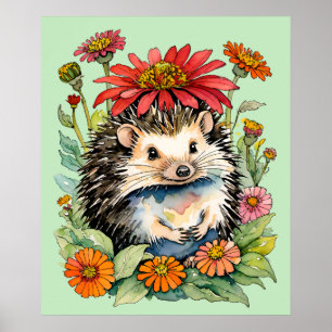 Póster Hedgehog Zinnia Flores Art Hedgehogs Zinnias