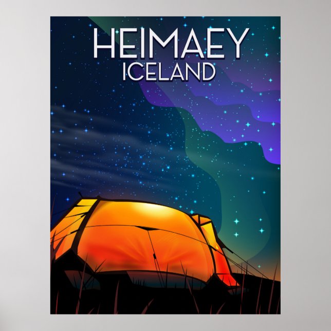 Póster Heimaey, Islandia, cartel de vacaciones de camping (Frente)
