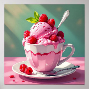 Póster Helado de frambuesa en una copa de café rosa