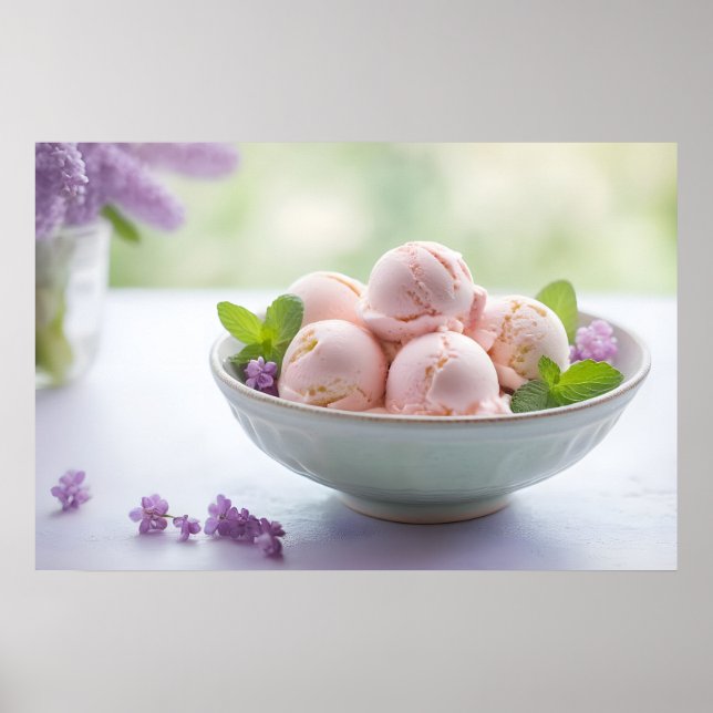 Póster Helado rosa con flores de Lilac y leche verde (Frente)