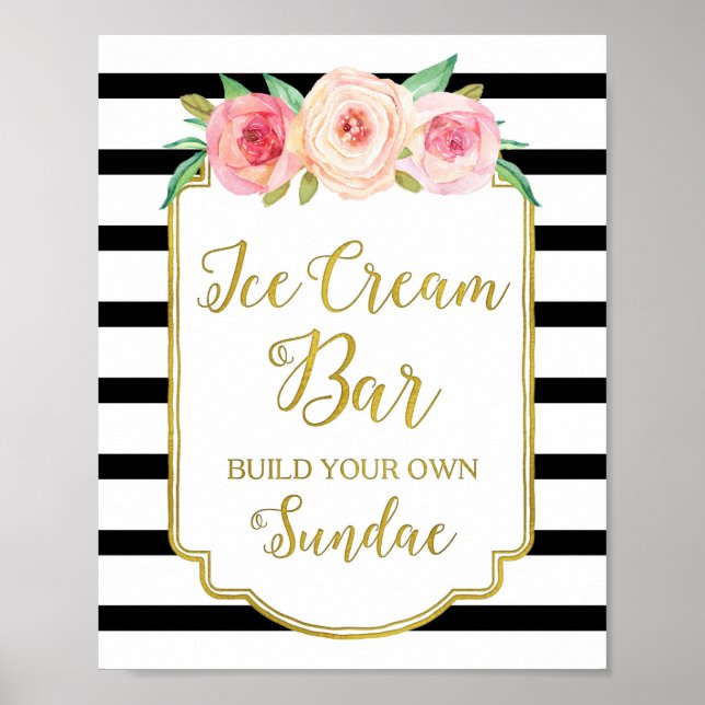Póster Helado rosa Floral Crema Bar Rótulo Bandas Negras  (Frente)