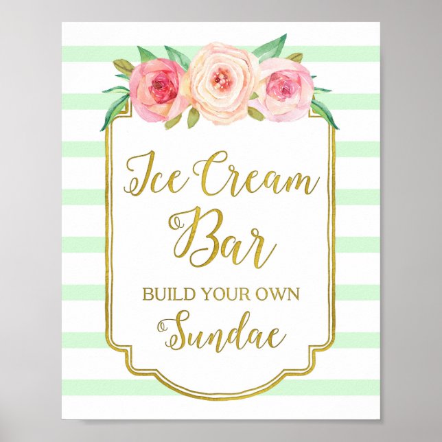 Póster Helado rosa Floral Crema Bar Rótulo Tiras De Mint  (Frente)
