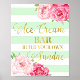 Póster Helado rosa Floral Crema Bar Rótulo Tiras De Mint