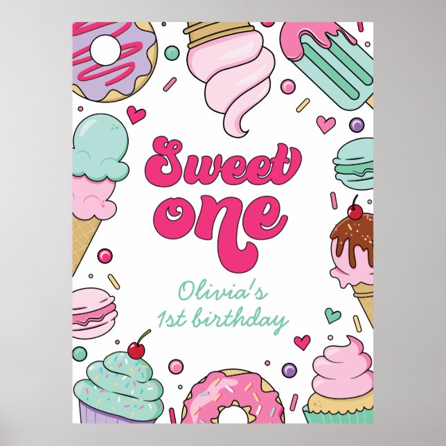 Póster Helado y pastel dulce uno cumpleaños 1 (Frente)