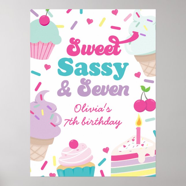 Póster Helado y pastel dulce y descarado cumpleaños siete (Frente)