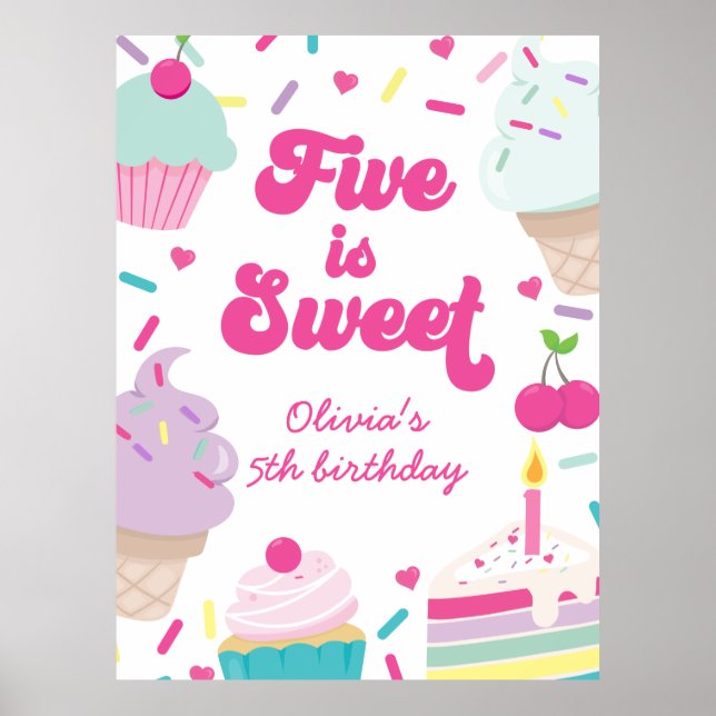 Póster Helado y Pastel Five es Dulce Cumpleaños 5 (Frente)