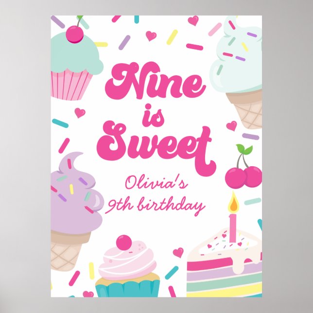 Póster Helado y Pastel Nine es Dulce Cumpleaños 9 (Frente)