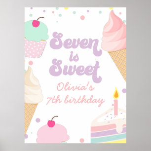 Póster Helado y pastel siete es dulce séptimo cumpleaños