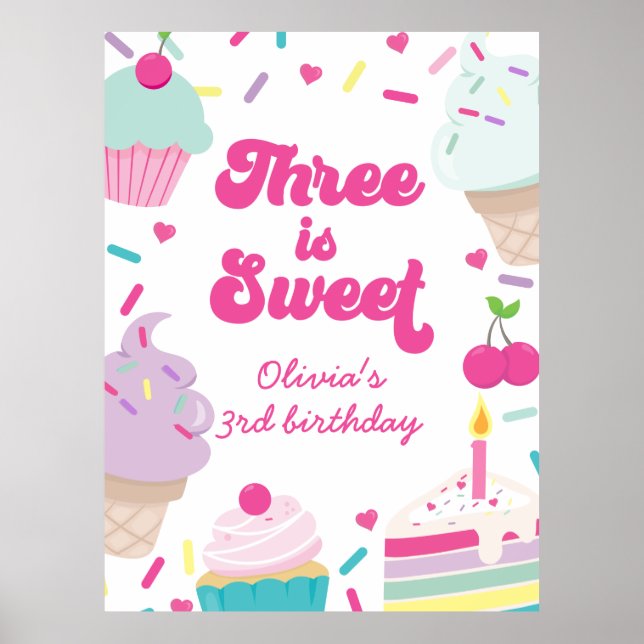 Póster Helado y Pastel Tres es Dulce Cumpleaños 3 (Frente)