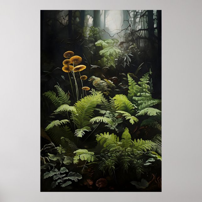 Póster Helecho de bosque profundo y hongos, bosque sombrí (Frente)
