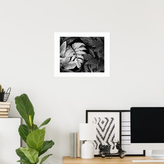 Póster Helecho y Follaje Frondoso Blanco y Negro (Oficina en casa)