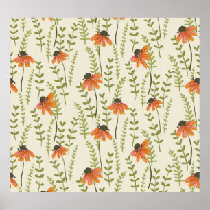 Póster helechos verdes, flores naranjas, naturaleza.