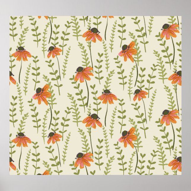 Póster helechos verdes, flores naranjas, naturaleza. (Frente)