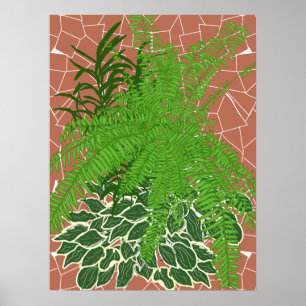 Póster Helechos verdes y hostas sobre mosaico de terracot