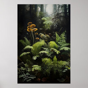 Póster Helechos y hongos del bosque profundo, sombrío bos