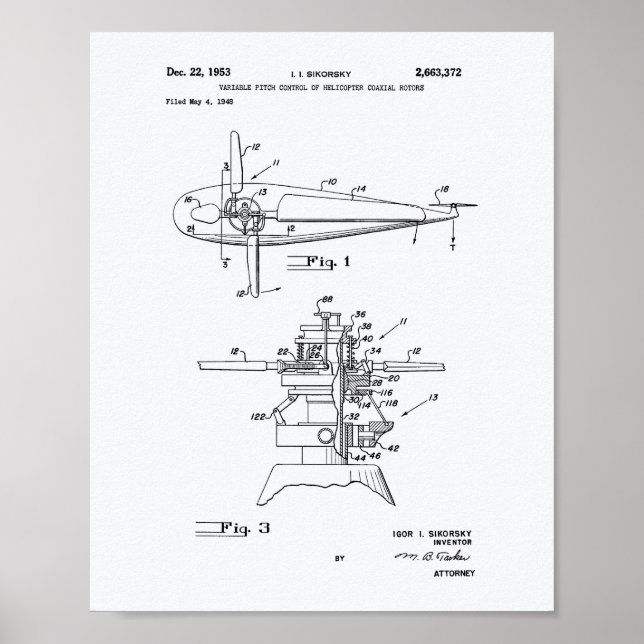 Póster Helicopter Rotors 1953 Patent Art White Paper (Frente)