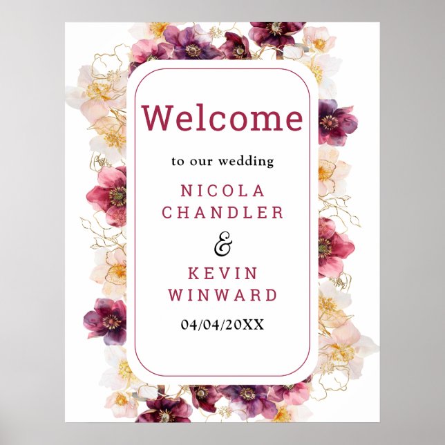 Póster Hellebore Floral Burgundy Wedding Welcome Sign (Frente)
