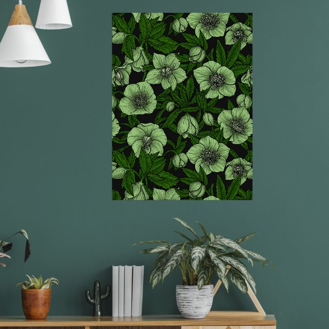 Póster Hellebores blancos con hojas (Salón 1)