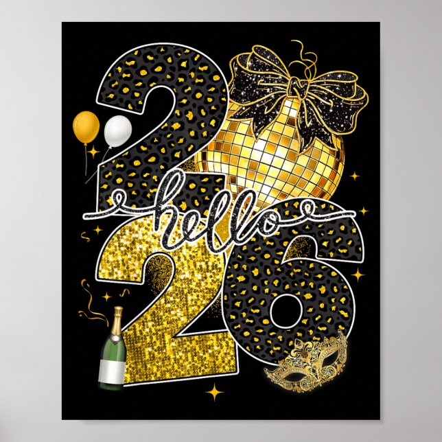 Póster Hello 2026 Happy New Year Disco Ball Nye Countdown (Frente)