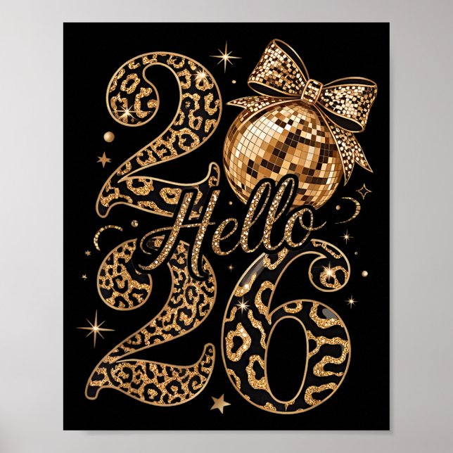 Póster Hello 2026 Leopard Coquette Disco Ball Happy New Y (Frente)