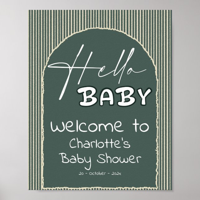 Póster Hello Baby Dark Green Stripes Baby Shower Welcome (Frente)