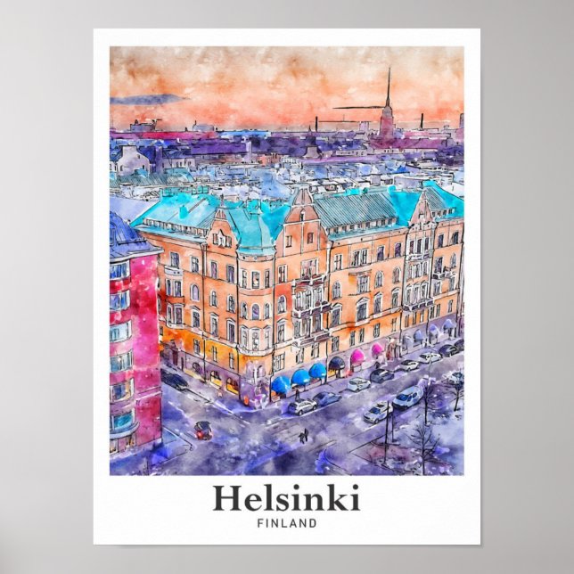 Póster Helsinki Finlandia Mano de agua de viaje dibujada (Frente)