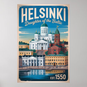 Póster Helsinki Finlandia Silueta Urbana Retro Viajes